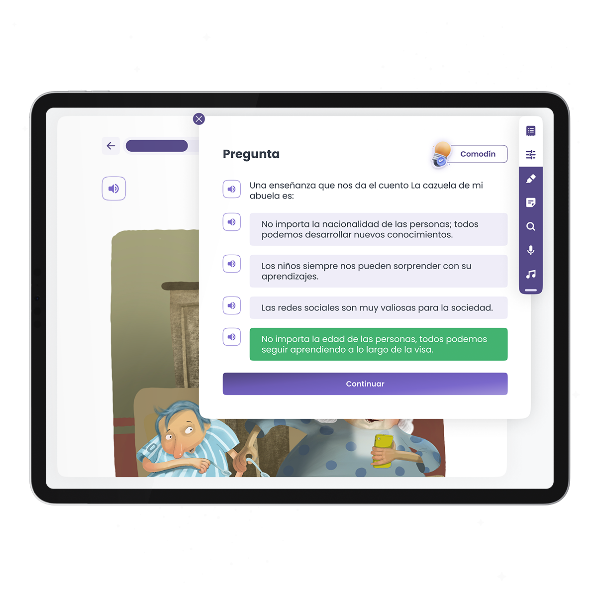 Beeverso reading-comprehension question and answer interface in an iPad mockup