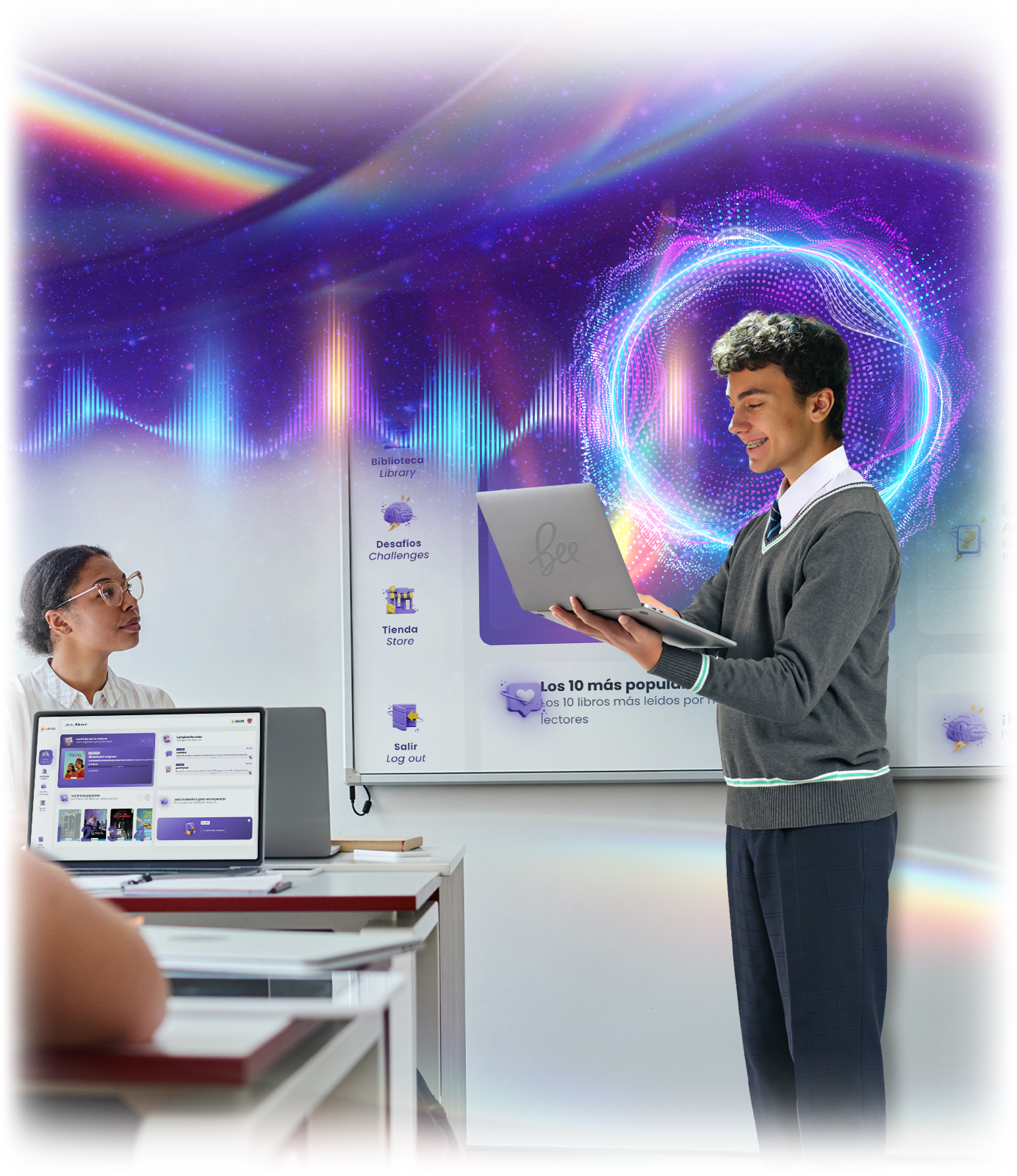 Estudiante practicando fluidez lectora con Beeverso en una pizarra interactiva