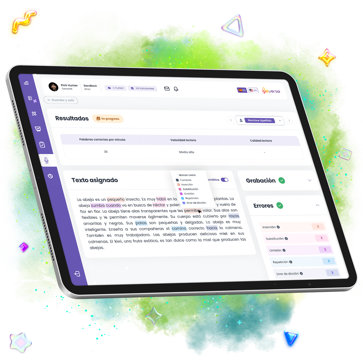 Resultados de fluidez lectora en Beeverso en iPad